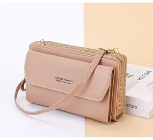 Sac bandoulière pour téléphone portable long et tendance pour femme avec double fermeture.