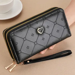 Black long wallet for women with double zipper, diamond lattice pattern and heart charm.