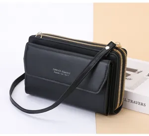Sac bandoulière noir pour femme avec zippés, long portefeuille élégant et détail de sac de téléphone.