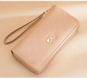 Damen Geldbörse lang elegante rosé Clutch Tasche Handgelenk Kosmetiktasche mit Schleife Reißverschluss