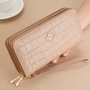 Women long double zipper wallet, crocodile pattern leather clutch with strap, spacious.