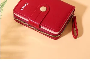 Red short women wallet with zipper and snap button compact multi card holder coin purse design.