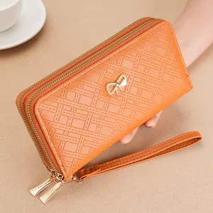 Oranger Damen Geldbeutel lang Doppelreißverschluss Handtasche Handy Tasche aus PU Leder