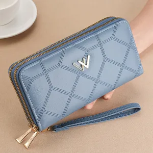 Damen Lange Brieftasche Gesteppte Raute Doppel Reißverschluss Clutch Geldbörse Große Kapazität Handy Tasche Mit Handgelenk Tasche