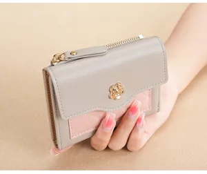 Portefeuille court femme en cuir PU porte-monnaie avec joli fermoir fleur et zip