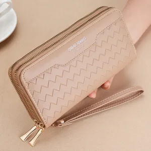 Women long double zipper wallet with wrist strap, fashion chic chevron texture purse clutch.