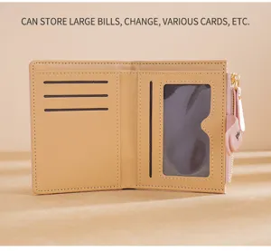 Women short bi-fold wallet multi-card slot coin purse simple PU leather compact card holder tan