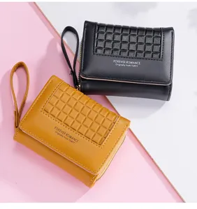 Women short wallet fashion grid pattern coin purse compact card holder wrist strap chic design