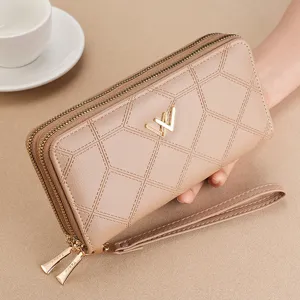 Damen Geldbörse lang Doppelreißverschluss Rautenmuster schick Clutch Handtasche Beigefarben