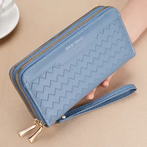 Women's long wallet double zipper PU leather clutch purse with card slots and wrist strap.