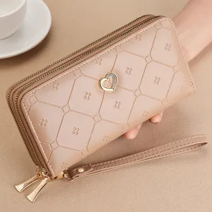 Women long double zipper wallet chic fashion large capacity clutch purse with wrist strap.