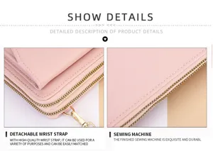 Portefeuille long femme rose tendance avec double fermeture éclair et lanière poignet.