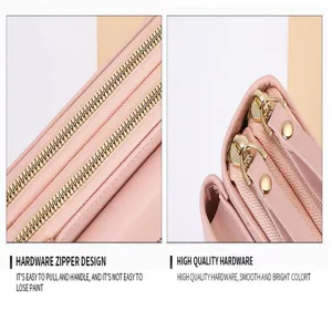 Rose femme long portefeuille sac telephone double fermeture eclair quincaillerie detail vue