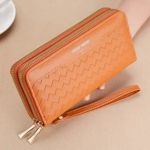 Women long woven wallet double zipper clutch bag orange casual purse card holder wristlet