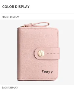 Women short pink wallet with zipper and snap button, multi card slots coin purse for daily use.