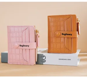 Women short bifold wallet crocodile pattern PU leather cute card holder coin purse pink brown