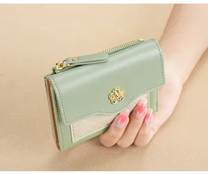 Portefeuille court pour femme en cuir PU avec fermeture éclair et fentes pour cartes.