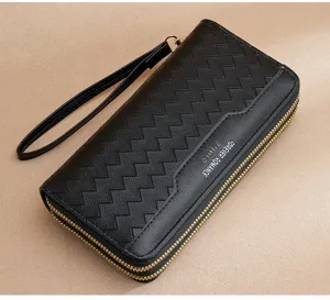 Women long black wallet double zipper wristlet woven design chic daily card organizer purse