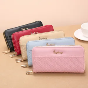 Long women's wallet with zipper, woven texture design, large capacity multi-color clutch.