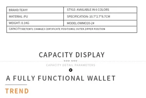 Compact PU leather wallet detail specification display with multi card slots and zipper pocket.