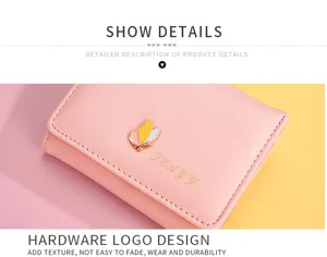 Short pink women's wallet with cute butterfly metal hardware and durable texture design.