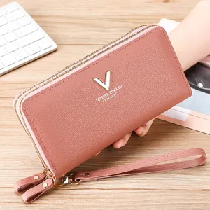 Women's long wallet pink double zipper PU leather clutch purse with wrist strap daily use