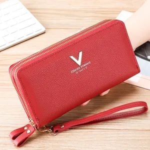 Women's long red wallet with double zippers, large capacity clutch purse and wrist strap.