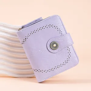 Portafoglio Corto da Donna in Pelle PU a Cera d'Olio Vintage Design Traforato Porta Carte Multifunzione Portamonete con Cerniera