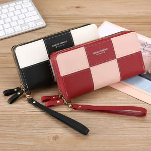 Dames kleurenblok lange portemonnee PU leer rits clutch tas met polsband voor dagelijks.