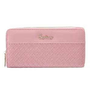 Pink women's long zipper wallet with classic woven leather design and spacious card slots.