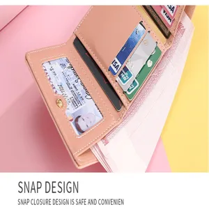 Women short PU leather wallet card holder with snap closure pink compact daily purse detail