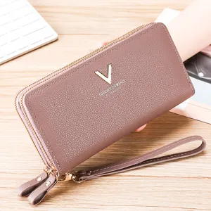 Women long wallet fashion double zipper clutch bag PU leather purse with wrist strap.