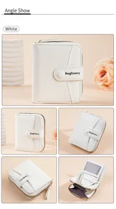 Details of white women short wallet, multi card slots, zipper coin pocket and snap closure.