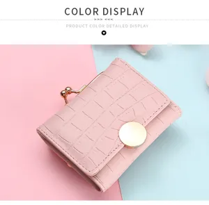Women short fold wallet pink PU leather coin purse with metal clasp card holder compact design