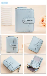 Blue women short wallet PU leather compact multi-card holder zipper coin purse chic detail