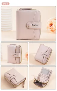 Pink short women wallet detail, compact card slots, secure zipper coin pocket and snap button.