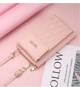 Close-up view of the chic pink leather crossbody phone bag with diamond quilting and metal hardware.