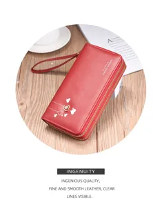 Cartera larga roja para mujer con doble cremallera y correa de muñeca, monedero de cuero PU.