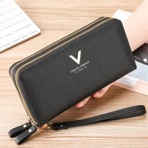 Women Fashion Long Wallet Large Capacity Double Zipper Clutch Purse Synthetic Leather Litchi Card Holder With Wrist Strap