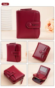 Red short women wallet with multiple card slots, zip-around closure and snap button detail.