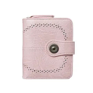 Portafoglio corto rosa da donna in pelle cerata porta carte con cerniera uso quotidiano