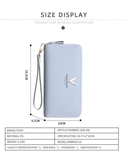 Detailed dimension and specification view of light blue PU leather long wallet with wrist strap.