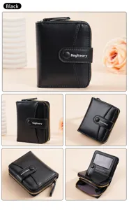 Women short wallet black PU leather multi-card slots coin pocket stylish compact purse