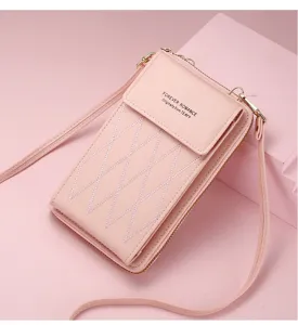Pink crossbody phone bag with geometric quilted design, PU leather shoulder bag for women.