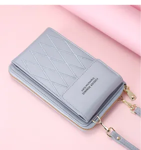 Grey crossbody phone bag detail, PU leather wallet with diamond stitching and strap.
