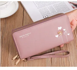 Monedero largo mujer doble cremallera rosa cartera multifuncional tarjetero movil bolsos