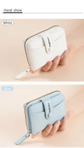 Women short wallet with zipper coin pocket, multiple card slots, compact leather card holder.