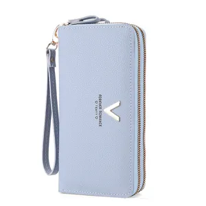 Women long double zipper wallet fashion pu leather clutch handbag wristlet blue purse