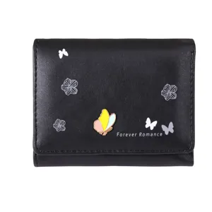 Women black short tri-fold wallet with butterfly print and metal butterfly decoration main