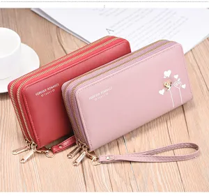 Elegante cartera larga de mujer con doble cremallera, bolso de cuero PU y tarjetero.
